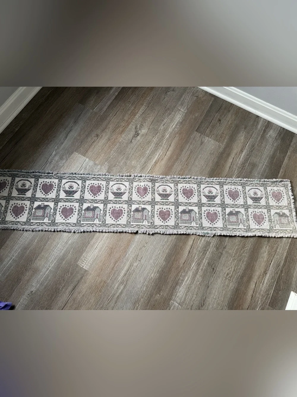 Vtg Country Hearts & Houses Woven Table Runner Fringed Tapestry Cottage Core